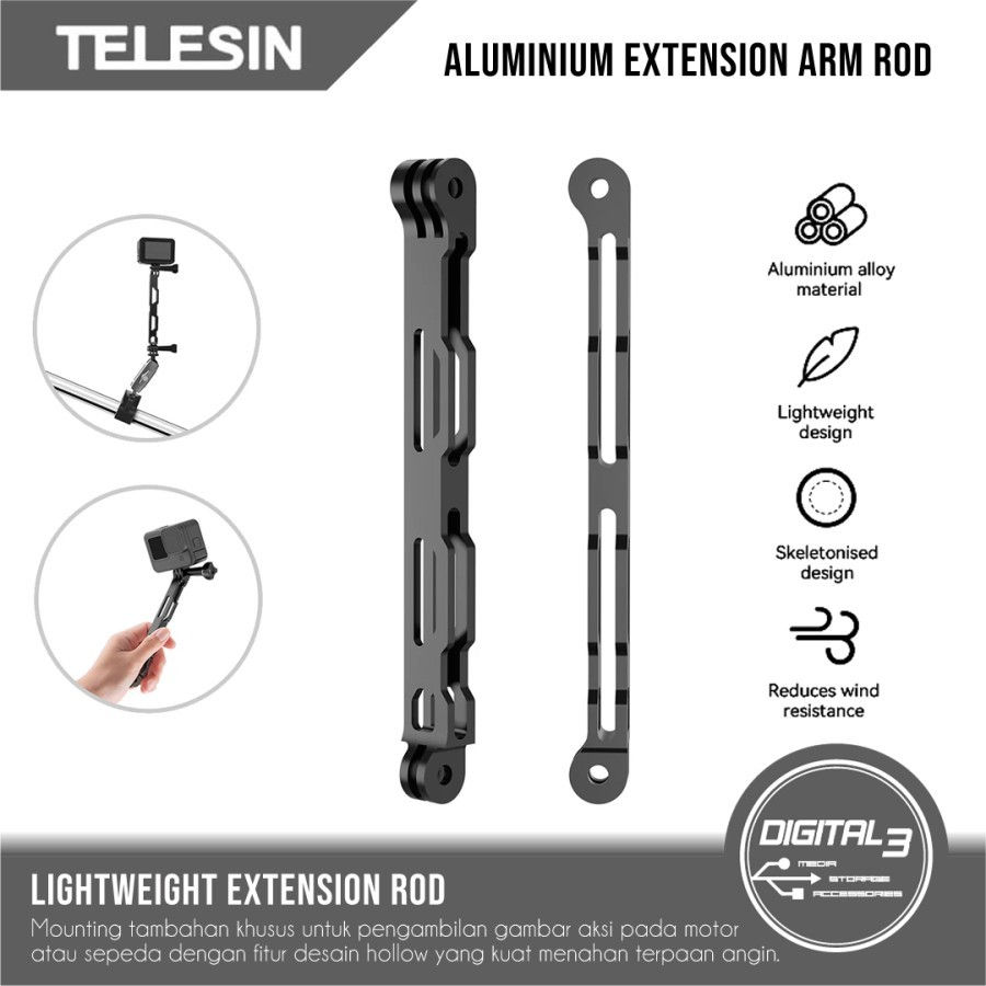 Telesin Aluminium Extension Arm Rod Mounting Motor Sepeda for Action Cam Gopro I