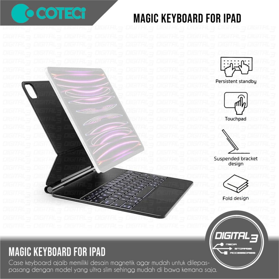 Coteci Magic Keyboard Leather Case Magnetic Wireless for Ipad Pro M4 2024 Casing