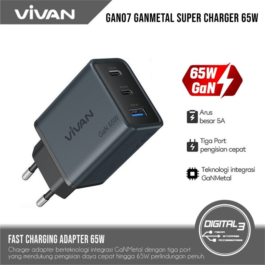 Charger Adapter Vivan GaN07 Fast Charging 65W GaN 5A PD QC 3 Port EU