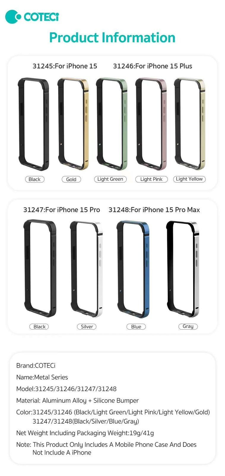 Thumbnail: COTEetCI Aluminum Metal Frame Bumper Hard Case iPhone 15 PLUS PRO MAX