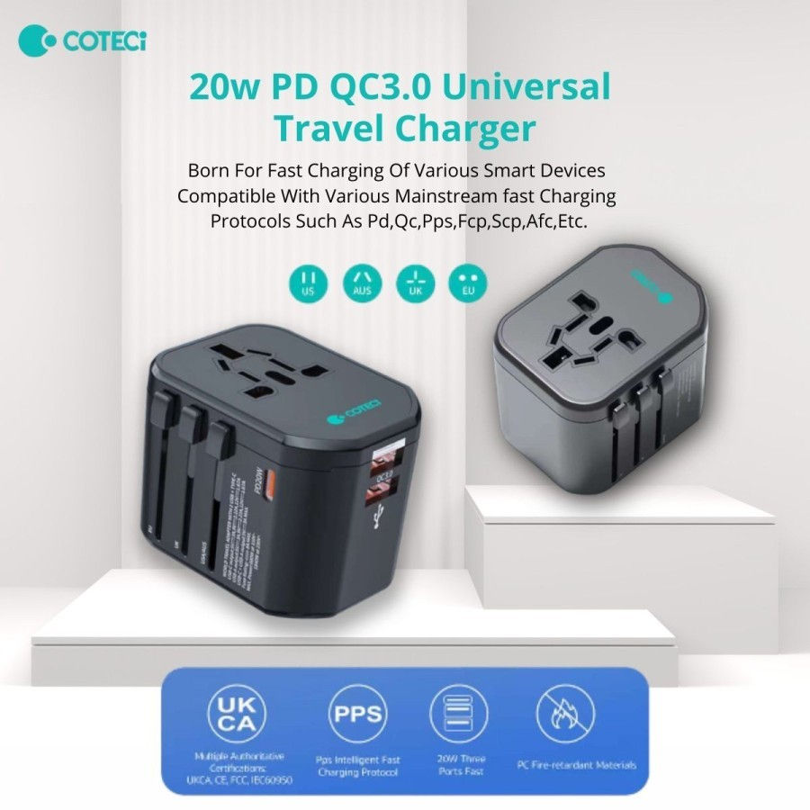 Thumbnail: COTEetCI Universal Travel Charger Adapter 20W Dual USB-A Type-C PD