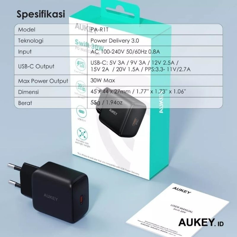 Thumbnail: Aukey PA-R1T Swift 30W Charger USB Type C Adapter PD Fast Charging QC