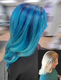  Bright aqua blue hair color transformation on medium-length hair