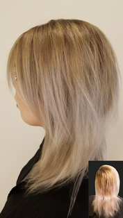 Before and after of blonde color correction with cool-toned blonde dimension and soft layered styling.