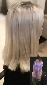 Before and after of platinum blonde color correction with sleek straight styling