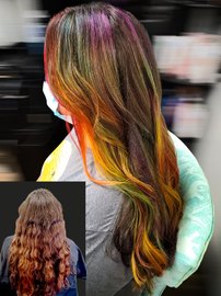 Before and after of long hair transformed with rainbow vivid fantasy colors