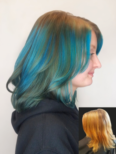 Before and after of hair transformed into vivid teal and blue fantasy color.