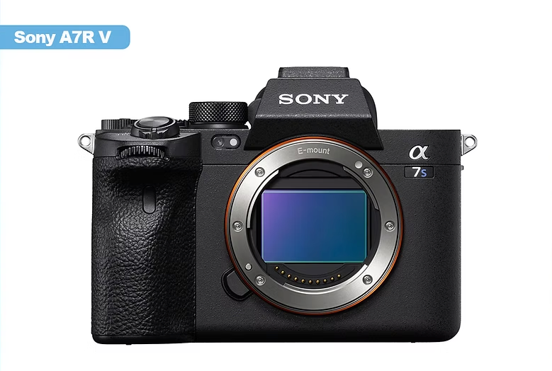Sony A7R V, a professional full-frame mirrorless camera body, front view, lens removed, available at Photoline PH.