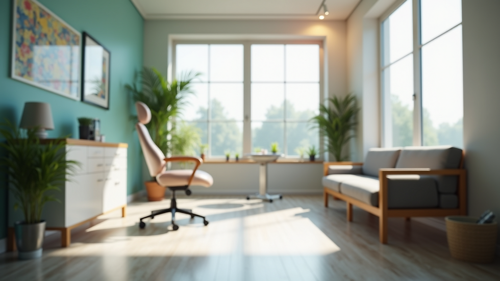 Eye-level view of a modern dental clinic waiting area with comfortable seating