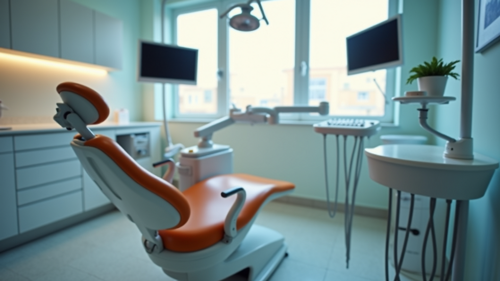 Eye-level view of a dental chair in a clinic setting