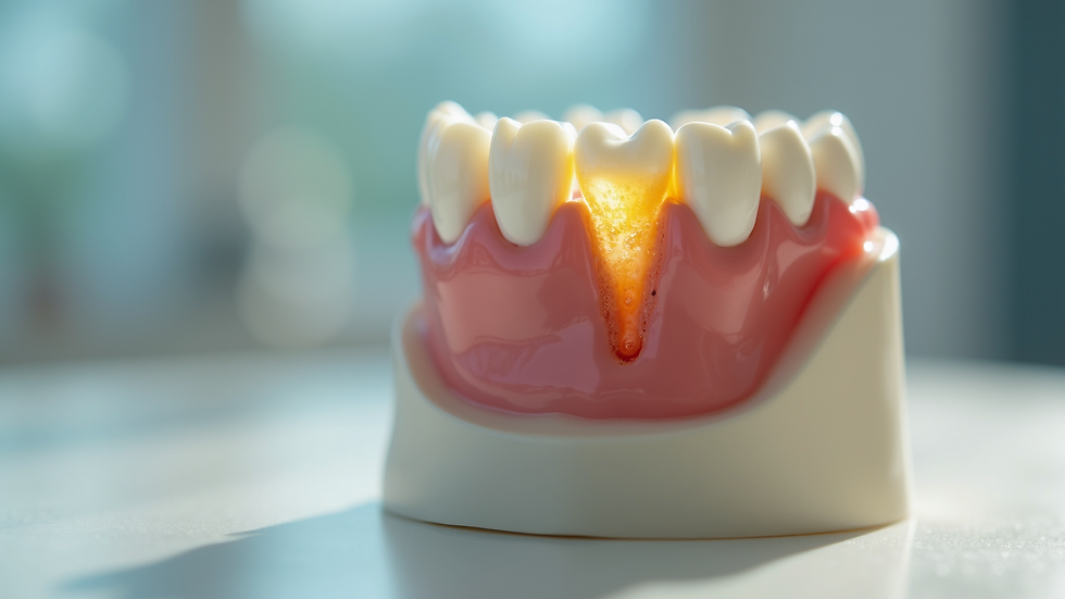 Eye-level view of a dental model showing tooth decay stages