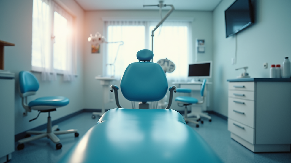 Eye-level view of a dental clinic treatment room with a dental chair