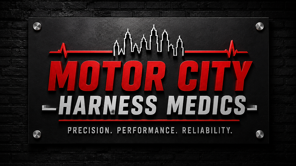Motor City Harness Medics logo on a dark metal plate with city skyline and red heartbeat line