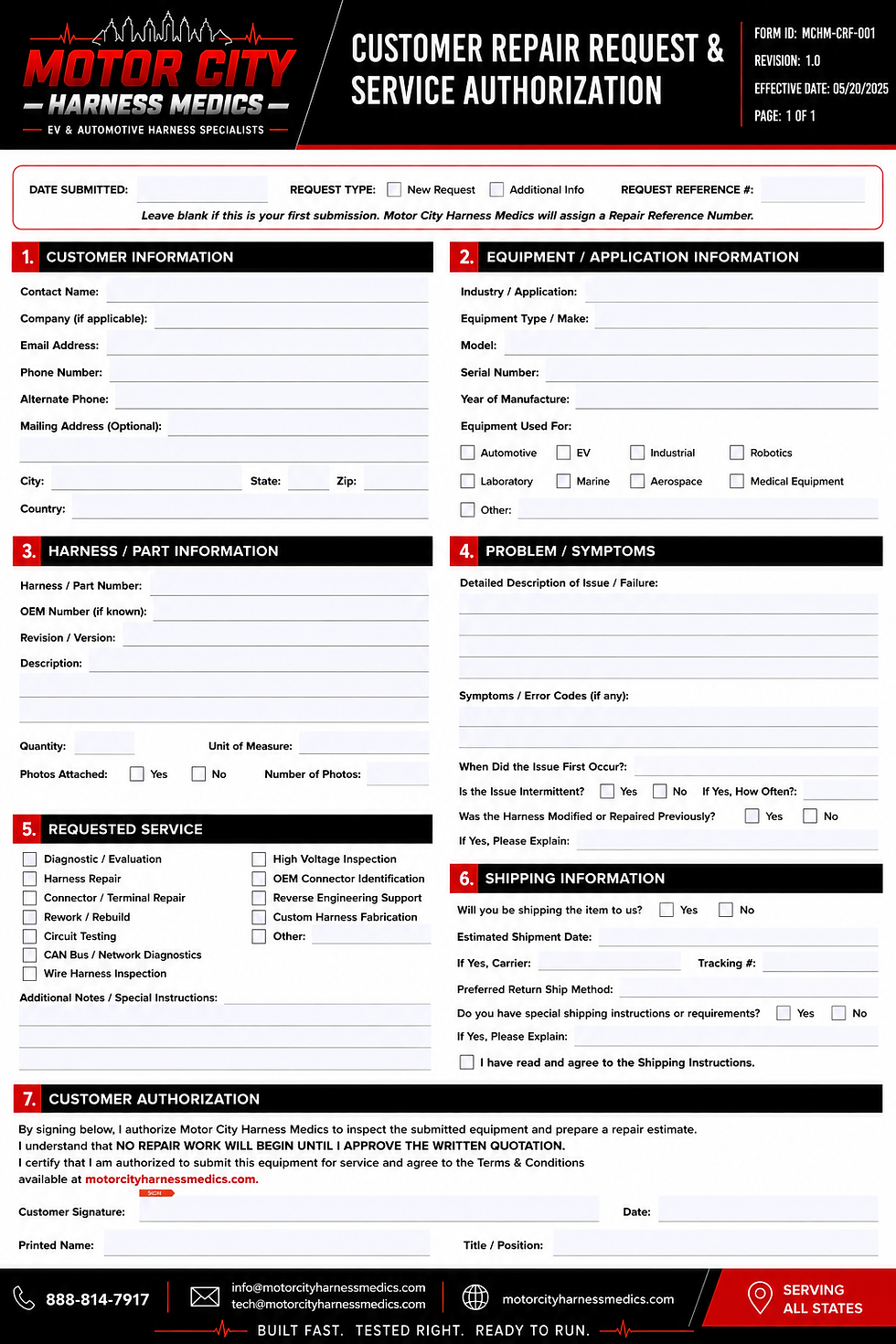 Customer Repair Request & Service Authorization form preview