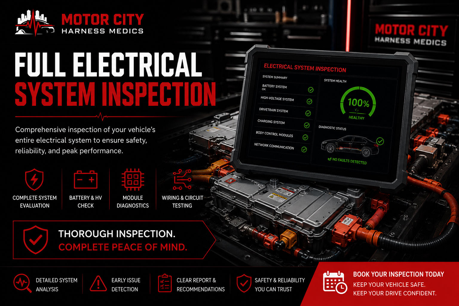 Motor City Harness Medics full electrical system inspection tablet interface over vehicle components.
