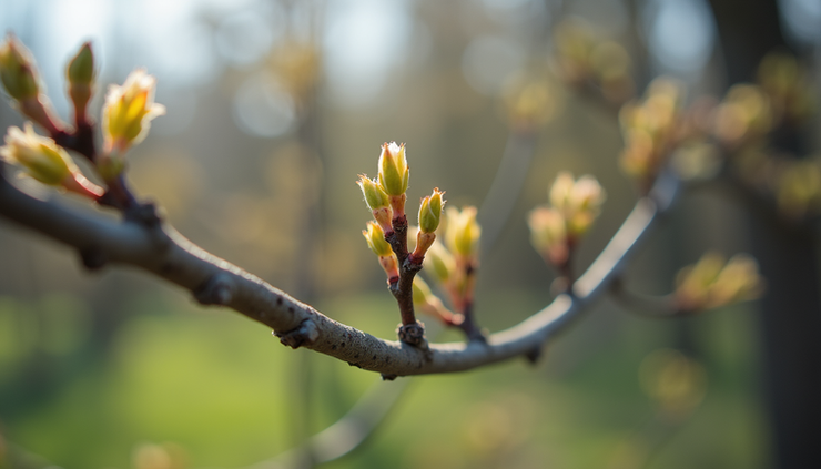 Close-up view of early spring buds on tree branches