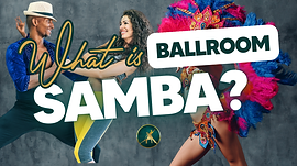 n energetic ballroom dance couple performing a vibrant Samba routine on a polished dance floor. The dancers, dressed in elegant and colorful attire, exhibit dynamic movements and synchronized steps, capturing the lively spirit of Samba.The background features an audience clapping and cheering, highlighting the excitement and joy of the dance. This image perfectly complements a blog post about ballroom dance, focusing on the Samba style.