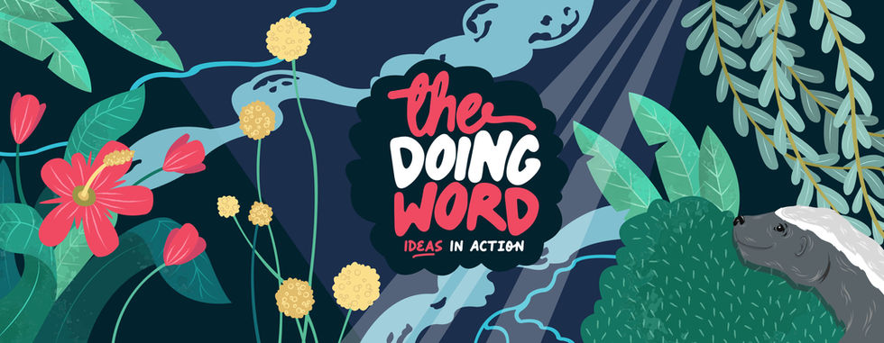 Badger looking into the jungle at The Doing Word logo