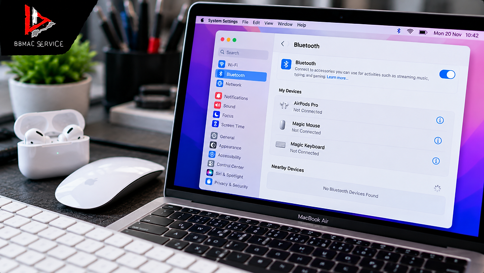 MacBook Air M3 Bluetooth เชื่อมต่อไม่ได้ เมาส์หลุด หูฟังไม่ติด เกิดจากอะไร? ซ่อมได้ไหม?