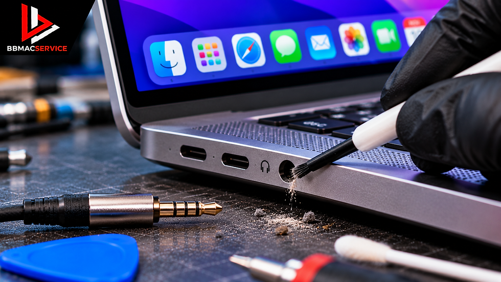 MacBook Air M5 ช่องหูฟัง 3.5 มม. เสีย เสียบหูฟังแล้วไม่มีเสียง เกิดจากอะไร? ซ่อมได้ไหม?