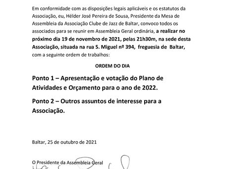 Assembleia Geral a 19/11/2021