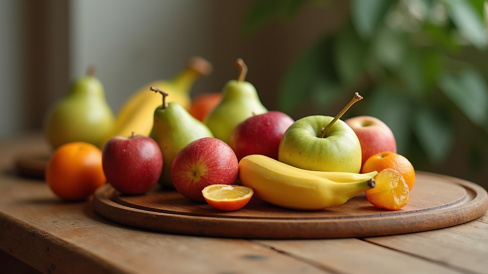 Eye-level view of fresh fruits arranged on a wooden table