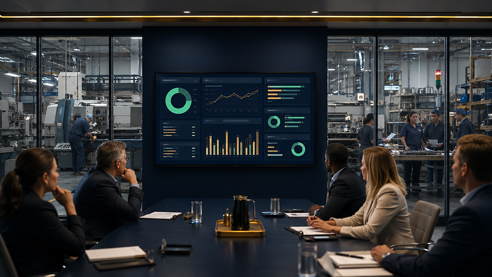 Executives review a reassuring dashboard while the operation beyond the conference room shows equipment failure and mounting pressure.