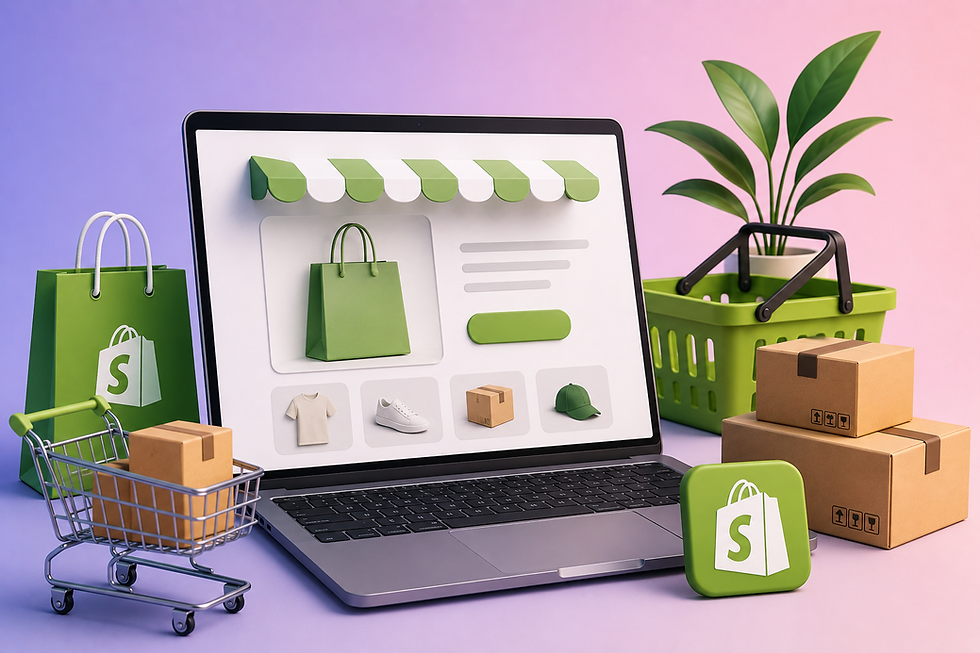 Laptop cu magazin online Shopify, coș cu pachet, cutii și plantă pe fundal roz-albastru.
