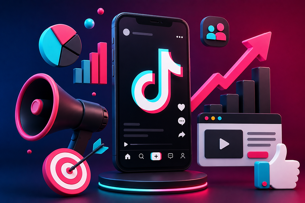 Telefon cu logo TikTok pe fundal neon, înconjurat de megafon, grafice, săgeată ascendentă și iconițe de like și video.