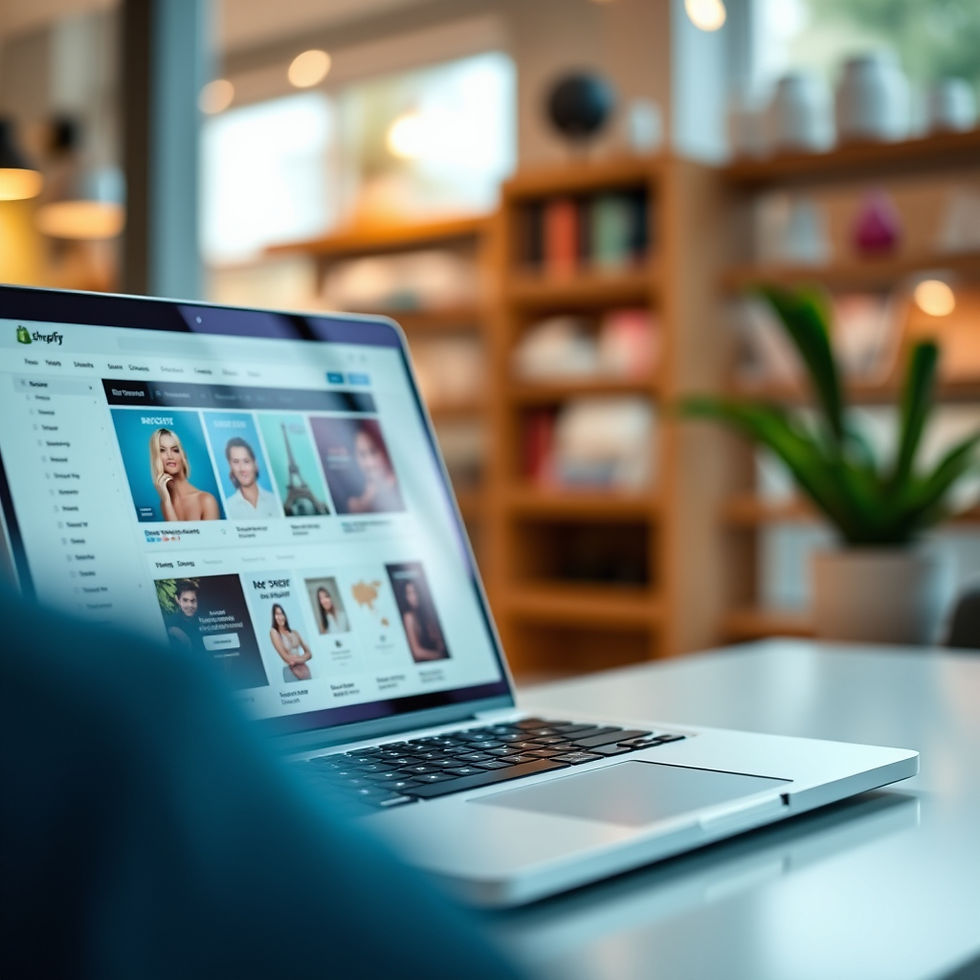 Vedere de la nivelul ochilor asupra unui magazin online Shopify afișat pe un laptop modern