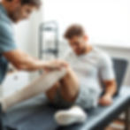 a man giving and a man receiving bandage treatment for his sport injury of his knee on a b