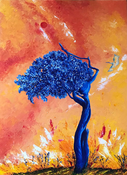 Coucher de soleil et heure bleue du soir. Le deuxième tableau de ma série heure bleue du soir. Pour réaliser ce tableau, je me suis inspirée de mes balades en forêt, des contes et des légendes, des mythes. On raconte que l'on peut apercevoir le corps d'un femme dans le coeur d'un tronc d'arbre, elle s'appelait Daphné, elle était nymphe...
J'aime jouer avec les ombres et les lumières et créer une atmosphère envoûtante, propice au rêve, saisir l'instant éphémère et susciter une émotion. Le réel devient un tremplin. Dans cette œuvre, j'ai cherché à capturer l'essence de la métamorphose et de l'étrange, explorant la frontière où la nature et l'humanité s'entrelacent. L'arbre, vibrant de bleus profonds et mystérieux, représente à la fois la force et la fragilité, un symbole de la vie elle-même. Ce tableau invite à la réflexion sur notre lien avec la nature, tout en offrant une touche surréaliste.
Marie de Vençay artiste peintre, Artiste peintre contemporain, artiste peintre femme, Peinture figurative, Peinture inspirée de la nature et des légendes, Peinture inspirée du voyage et de la lumière, Peinture au couteau/pinceau/éponge,Techniques mixtes en peinture, Couleurs chaudes et vibrantes en peinture, Jeux de lumière en peinture, Bleu, Peinture inspirée des contes, légendes et traditions orales, Peinture mêlant réalité et magie, Peinture sur le thème de l’arbre, Peinture sur la lumière sous différentes latitudes, Paysages poétiques et oniriques en peinture, Portraits, portraits de femme, Animaux totem, Peinture animalière, Paysages, Paysages oniriques, Tableaux personnalisés artiste peintre, Peinture sur commande cadeau unique, Idée cadeau artistique original, Acheter un tableau original artiste peintre, Exposition d’art contemporain, Acheter une peinture originale, Galerie d’art en ligne artiste peintre, Artiste peintre à suivre, artcollector