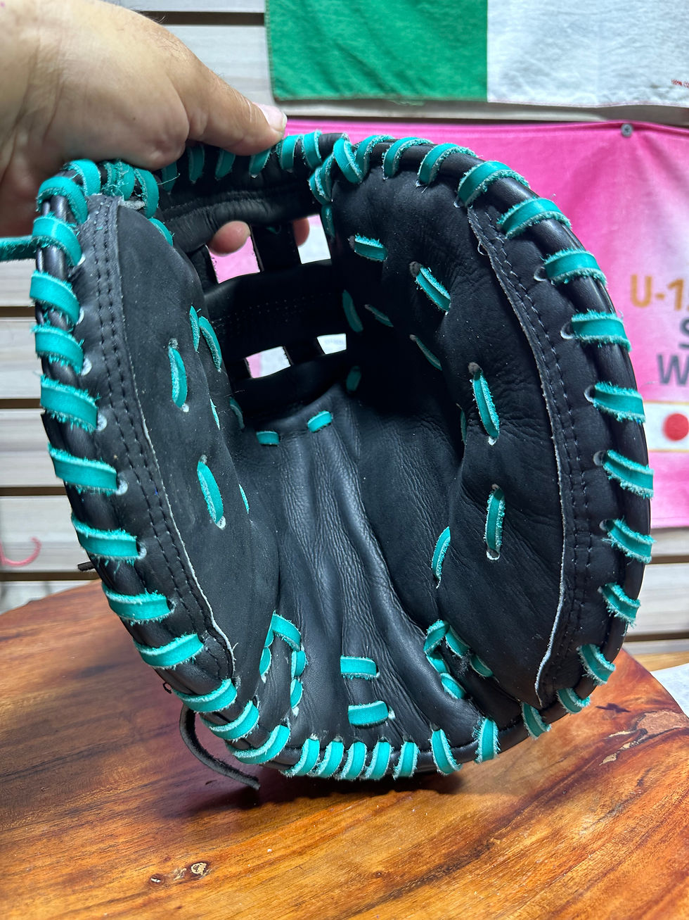 Thumbnail: 33” RHT, H-Web, Softball Catcher's Mitt, Soft Smooth Leather in Black and Teal