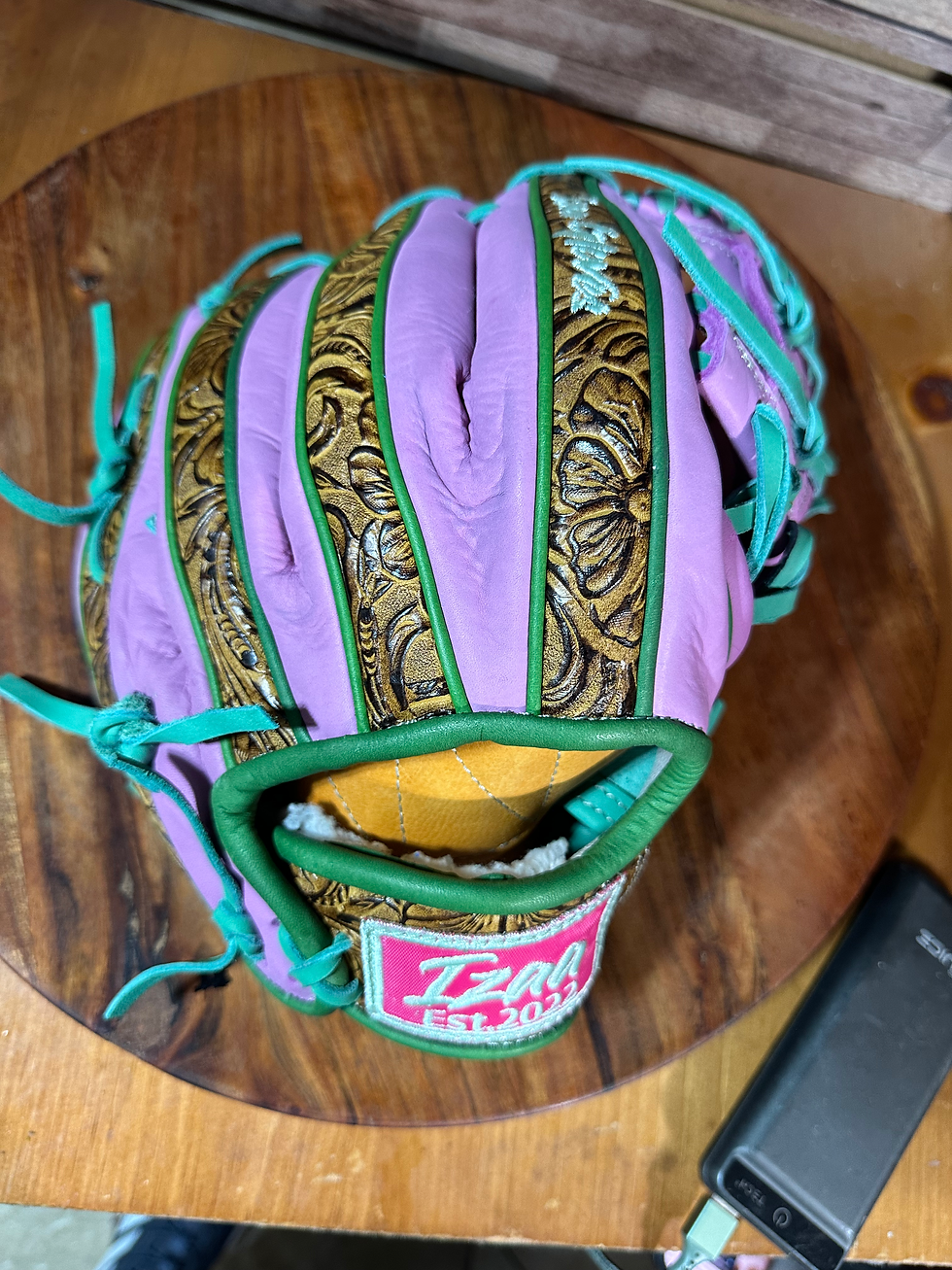 Thumbnail: 12” RHT, I-Web, Vaquero Honey / Smooth Leather Pink, Green Binding, Teal Laces
