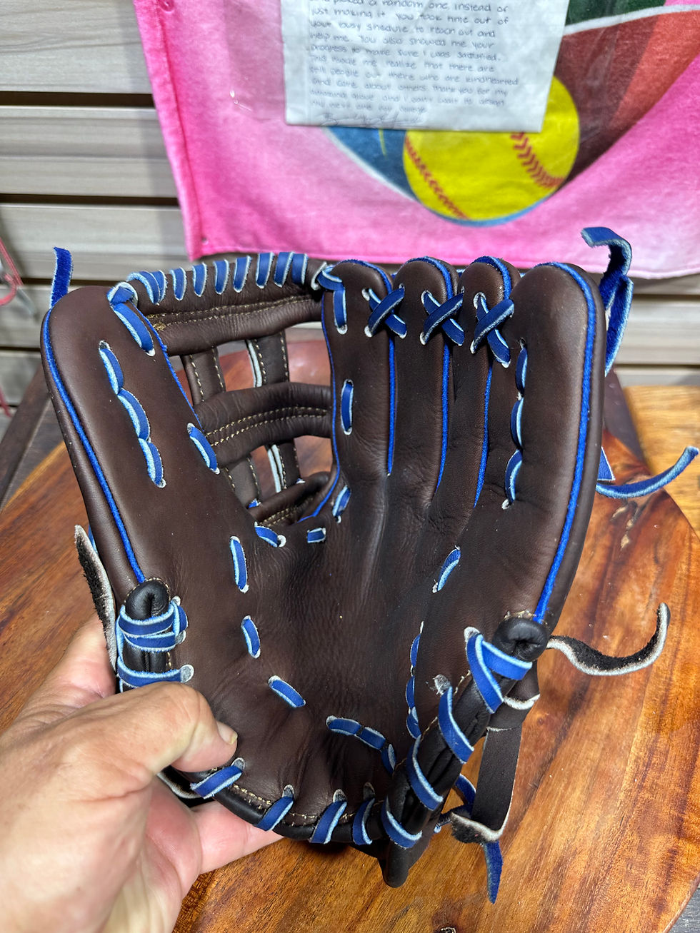 Thumbnail: 12” RHT, H-Web, Kids Soft Smooth Leather Brown, Blue Laces