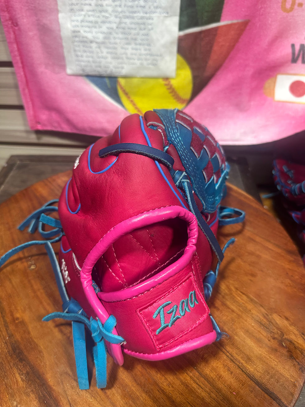 Thumbnail: 11.25” - 12", RHT, Reinforced Basket Web, Smooth Leather in Hot Pink & Blue