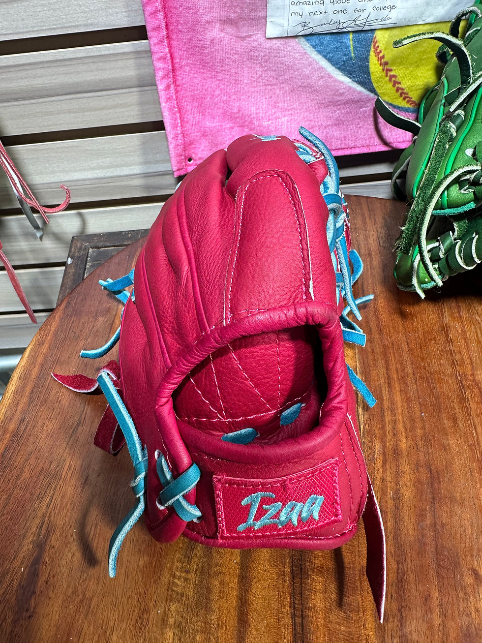 Thumbnail: 10.75” RHT, Diamond-Web, Kids Soft Smooth Lightweight Leather HotPink/Blue Laces