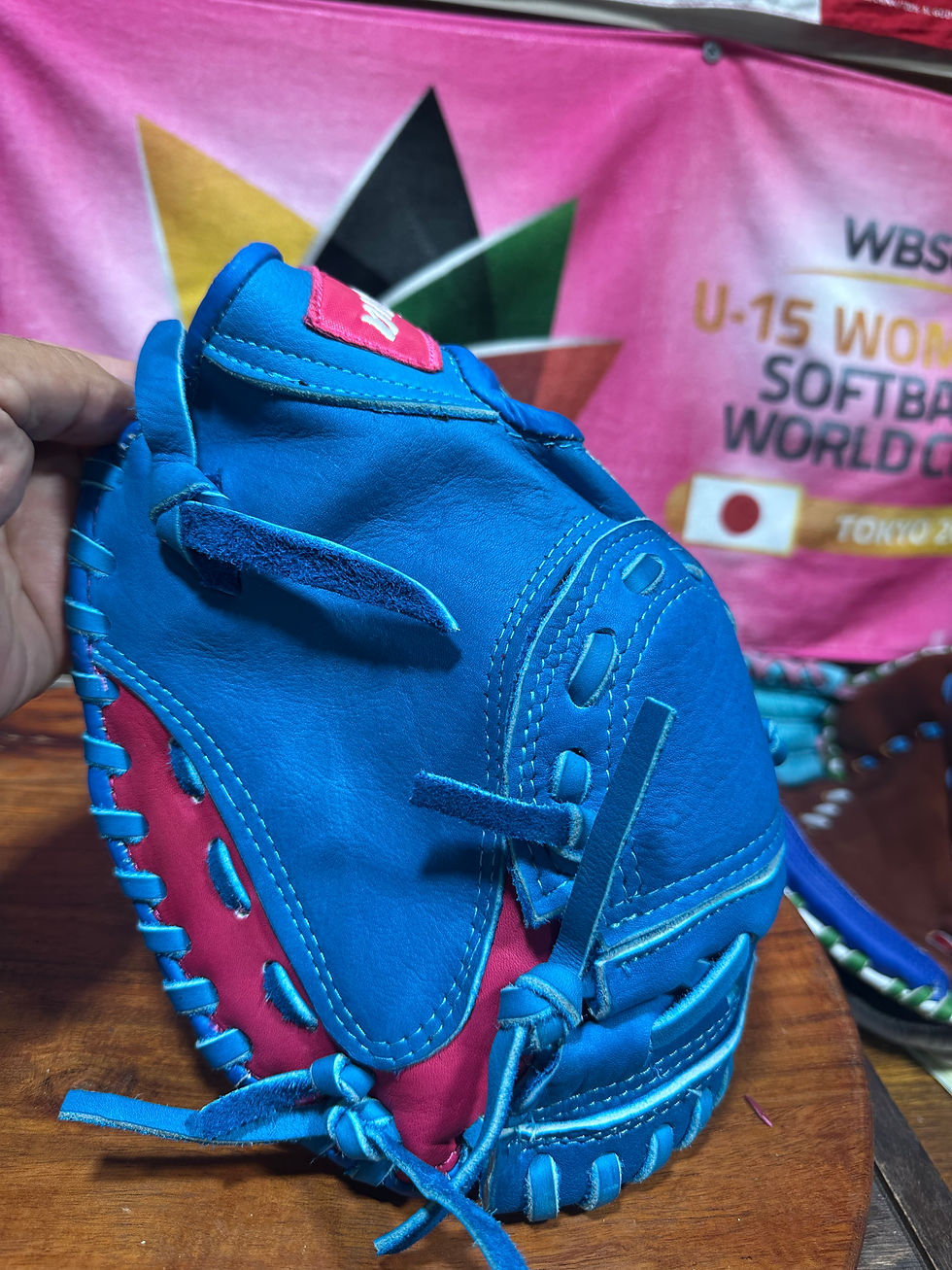 Thumbnail: 34” kids softball catchers mitt pink and blue oiled and broken in extra padding 