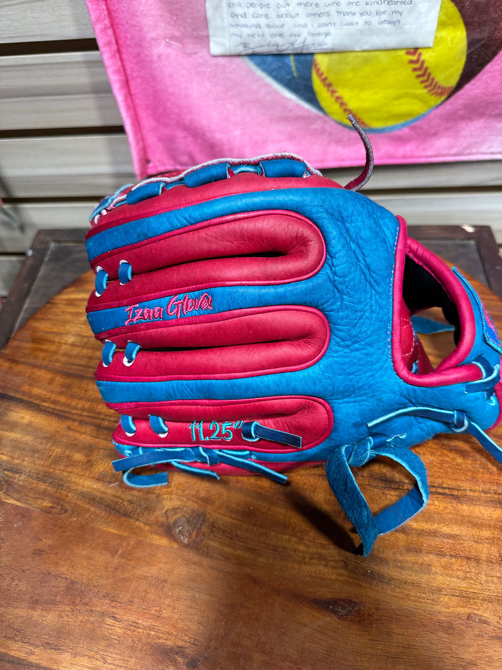 Thumbnail: 11.25” RHT, Closed-Web, Kids Soft Smooth Leather Sky Blue/Hot Pink