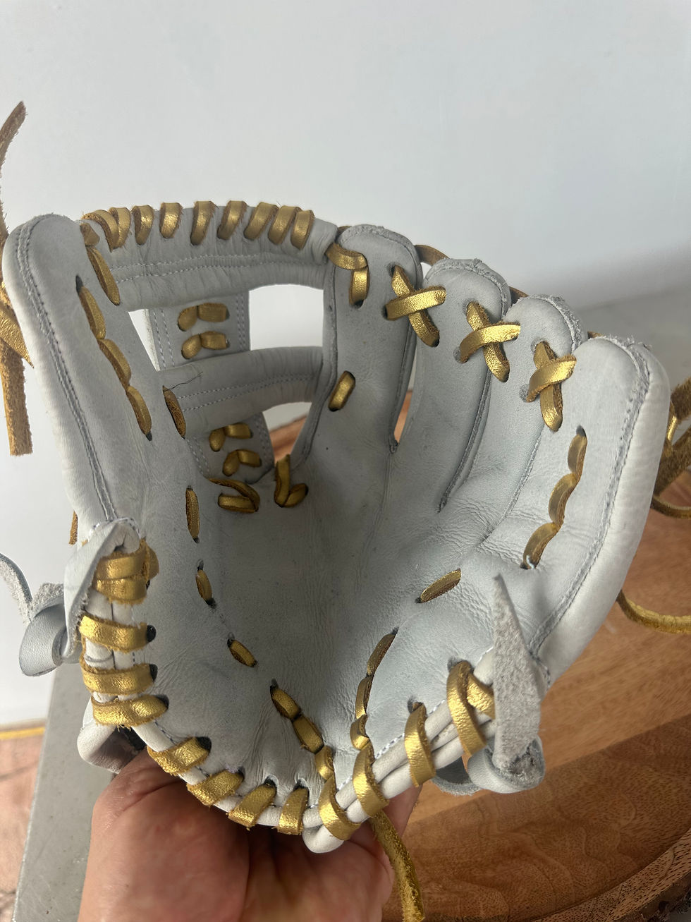 Thumbnail: 10” RHT white T web gold laces , oiled and broken in 