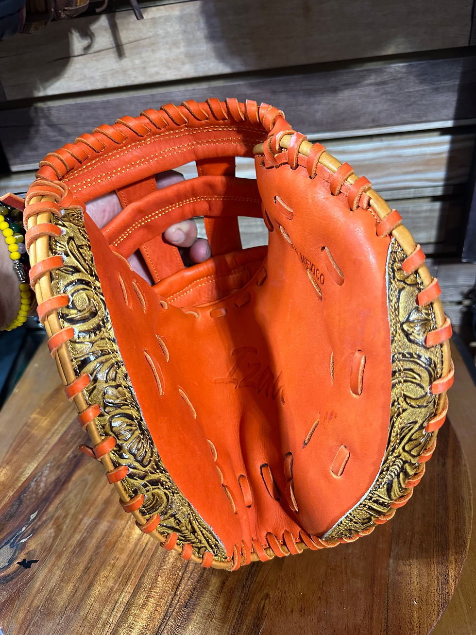 Thumbnail: 34” softball catchers mitt orange oiled and broken in 
