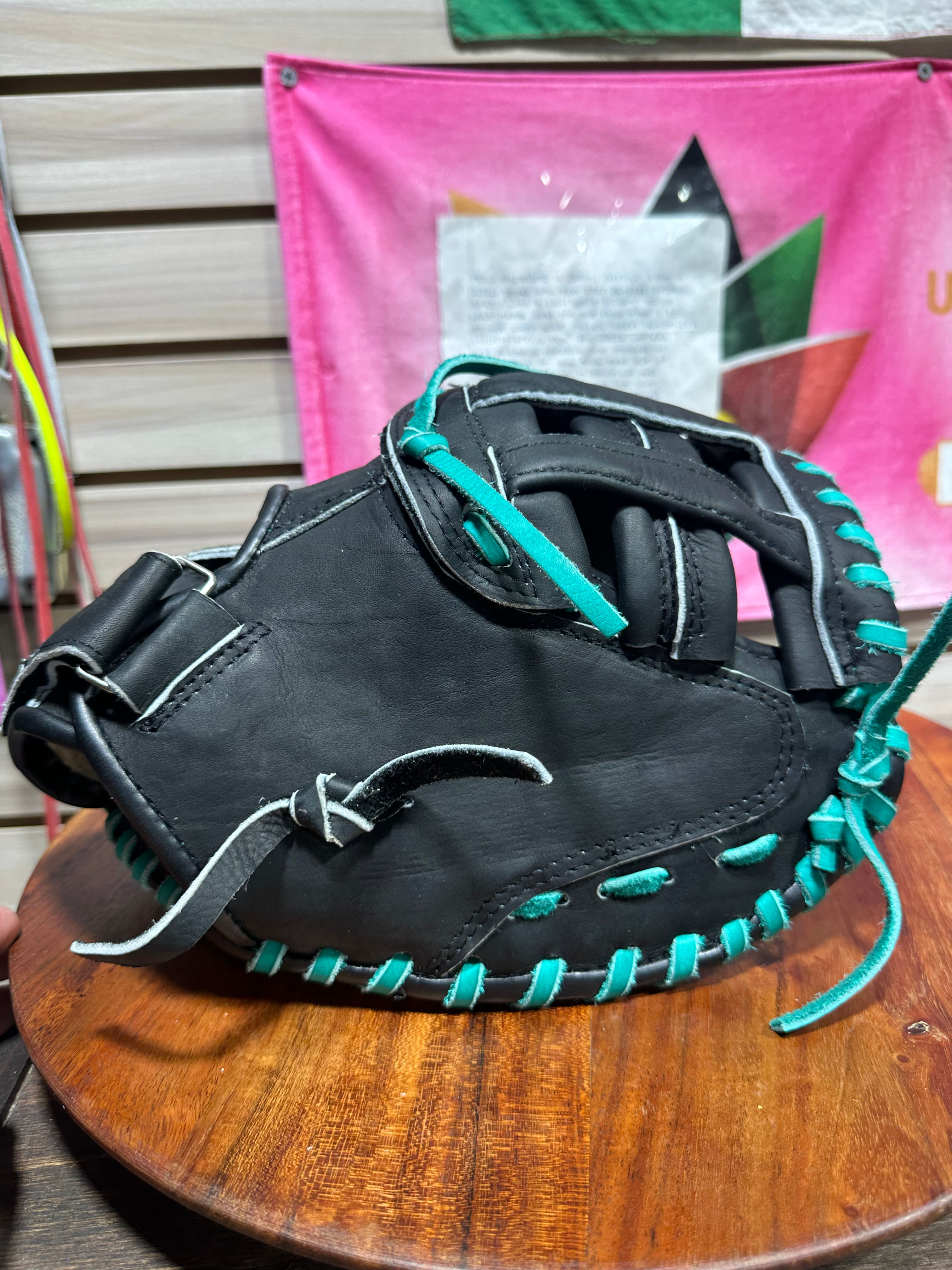 33” RHT, H-Web, Softball Catcher's Mitt, Soft Smooth Leather in Black and Teal