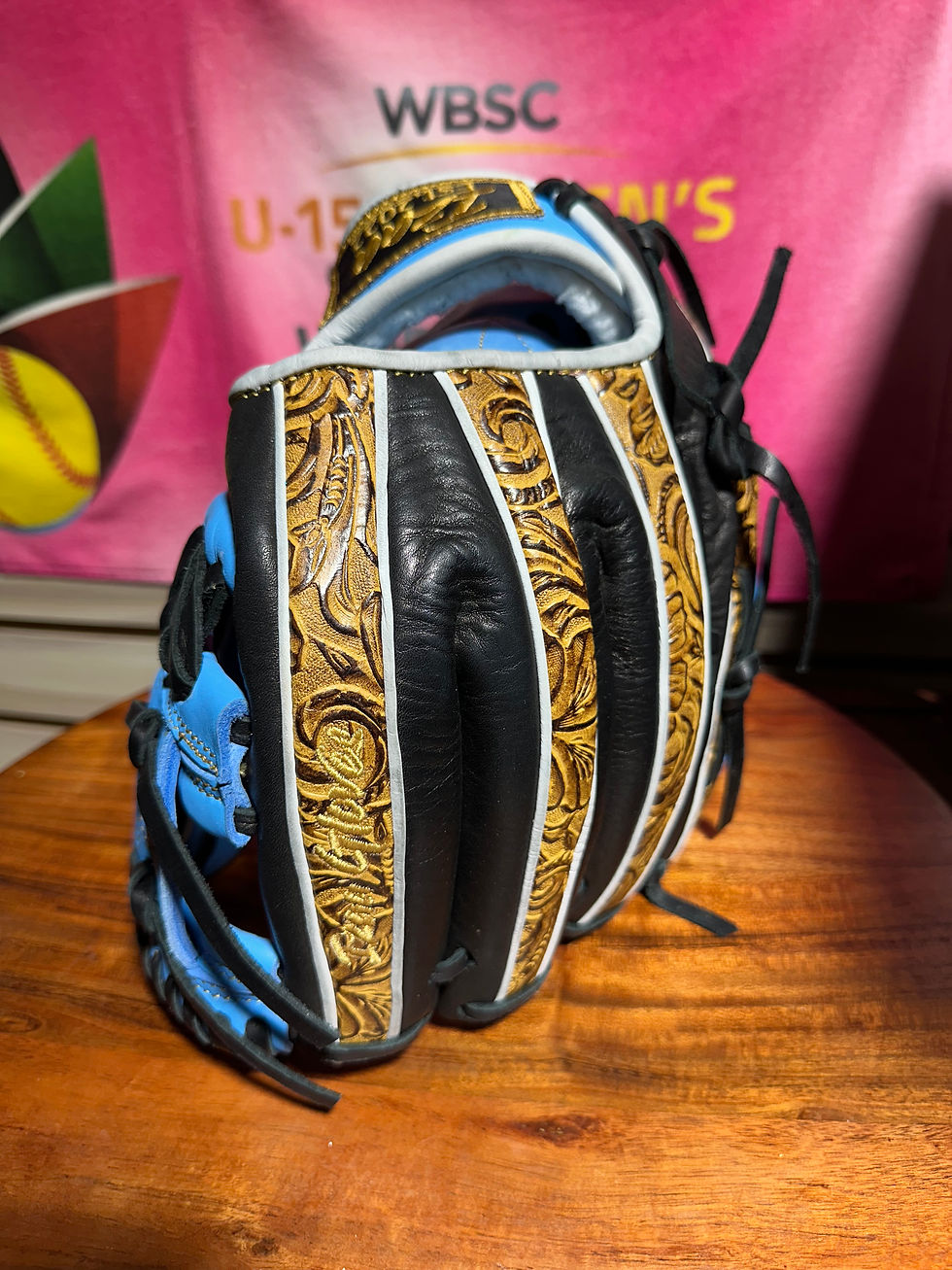 Thumbnail: 12” RHT vaquero honey smooth black/carolina blue , broken in, extra padding 