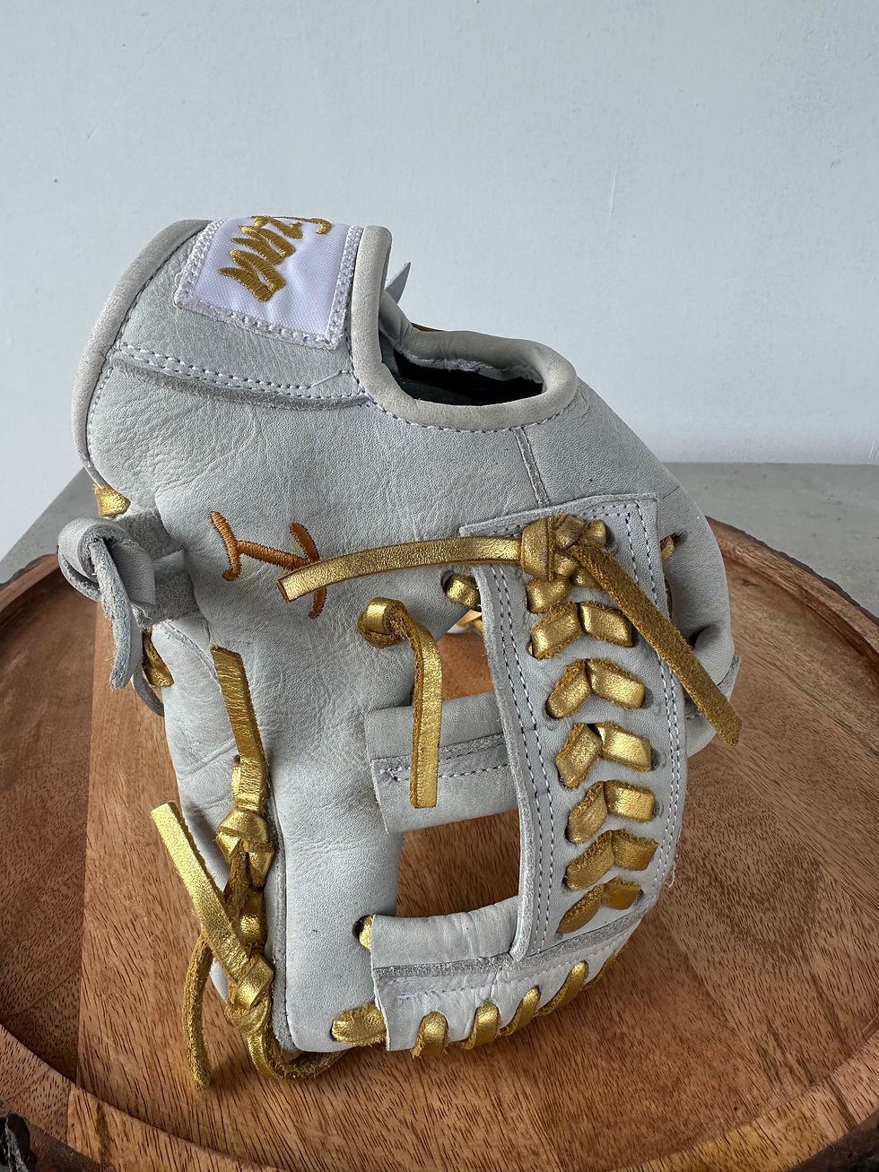Thumbnail: 10” RHT white T web gold laces , oiled and broken in 