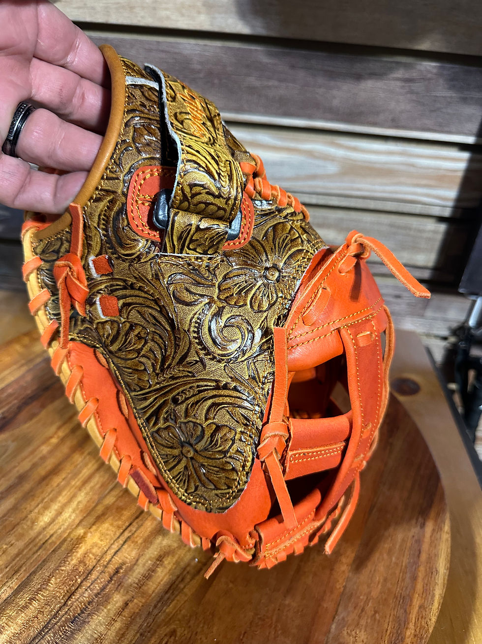 Thumbnail: 34” softball catchers mitt orange oiled and broken in 