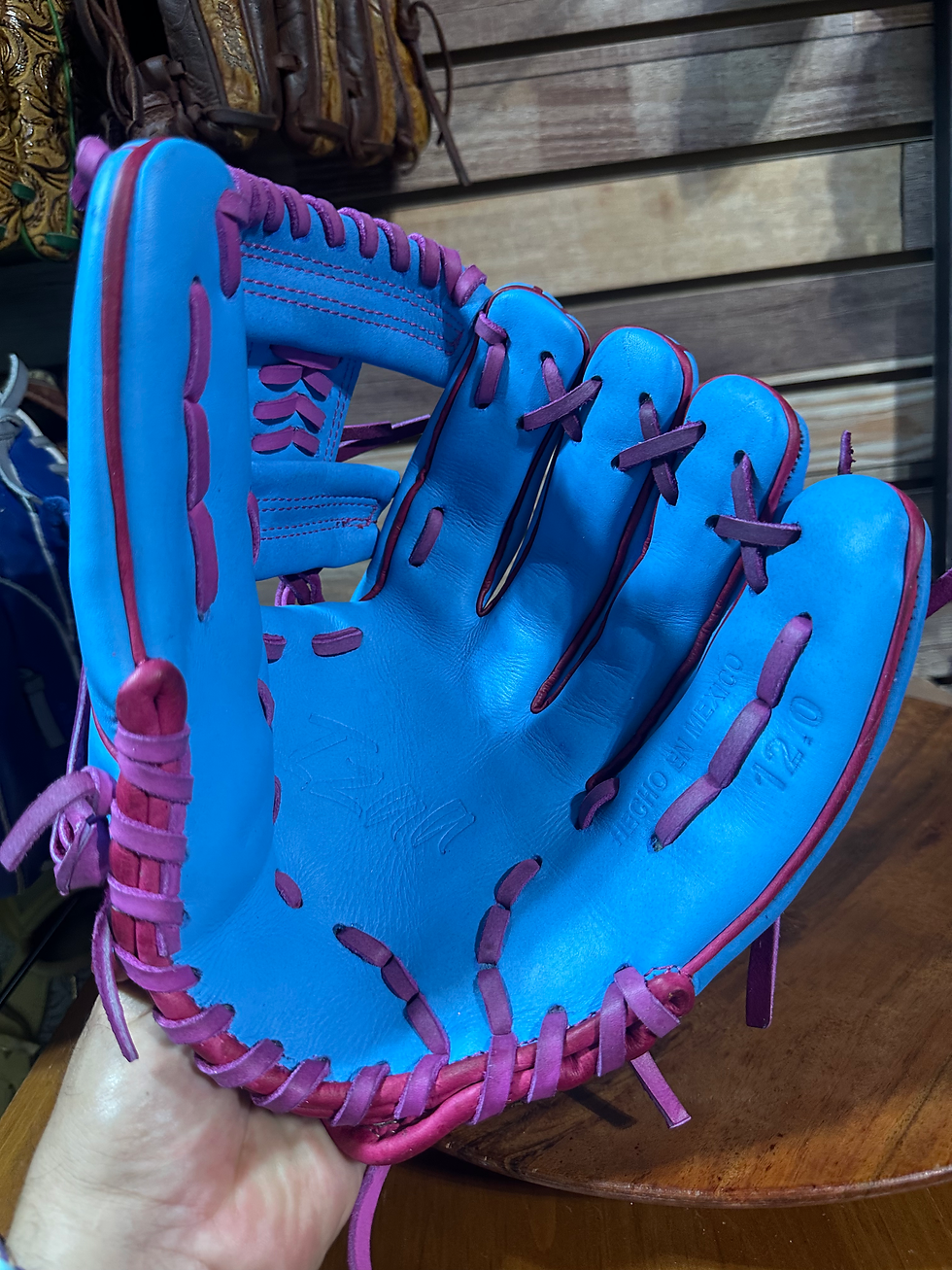 Thumbnail: 12” RHT Carolina blue pink reinforced padding oiled and broken in 