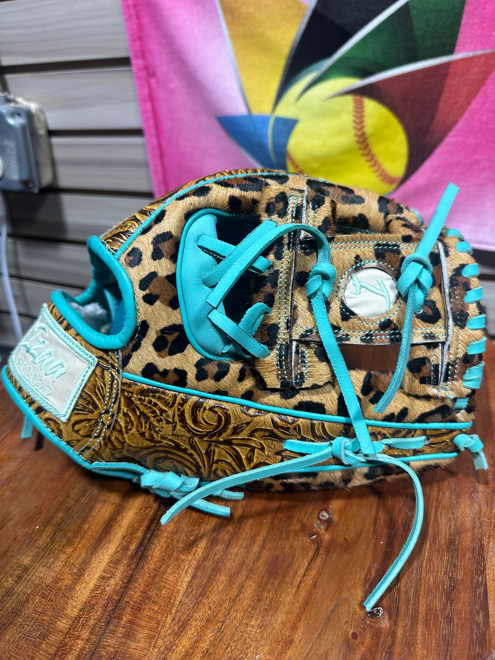 Thumbnail: 12” leopard/vaquero /teal I-web oiled broken in extra padding 