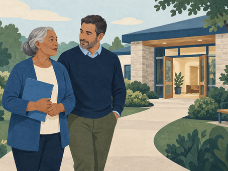 An older woman and her adult care partner outside a welcoming community building.