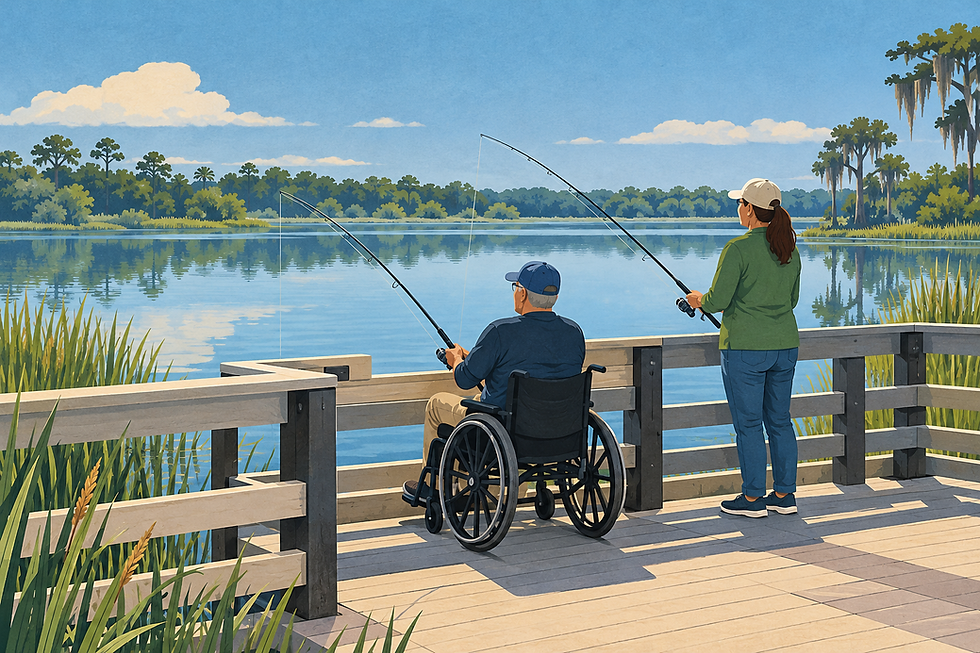 A wheelchair user and a friend fish from a level lakeside pier with a lowered railing section.