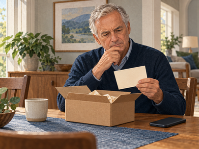 An older adult studies an unexpected parcel and a plain enclosed card at a dining table, with a smartphone resting face down nearby.